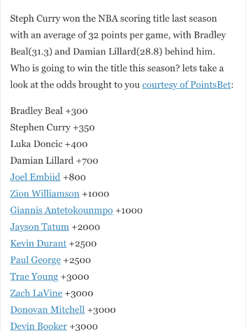 NBA新赛季得分王赔率出炉：库里仅第二，利拉德排第四，那榜首是谁？