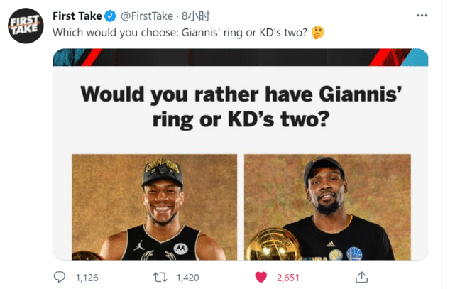 针对小帅？ESPN：你愿意要字母哥的1冠还是杜兰特的2冠？