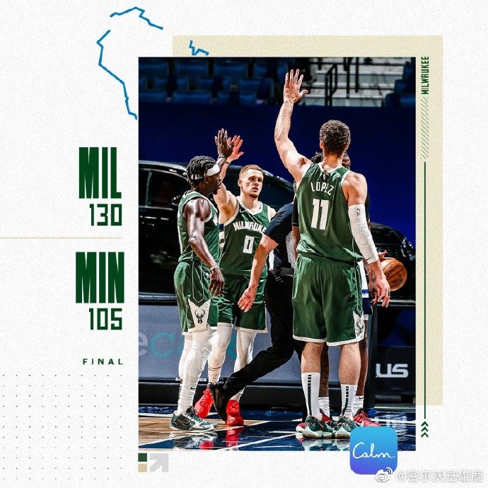 雄鹿130-105大胜森林狼 米德尔顿27+8+7 爱德华兹24分