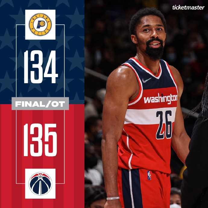 奇才135-134险胜步行者 丁威迪34+8 库兹马26+11 特纳40+10