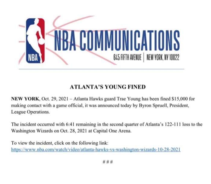 NBA官宣！特雷-杨因接触裁判被罚1.5万美元，炮轰新规为众星鸣不平