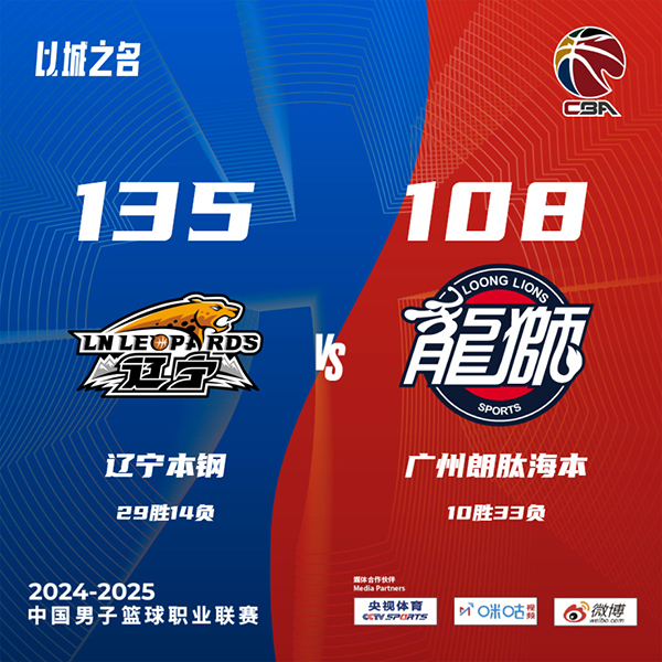 辽宁135-108横扫广州 韩德君15分&7中7 鄢手骐14分5助&5中5