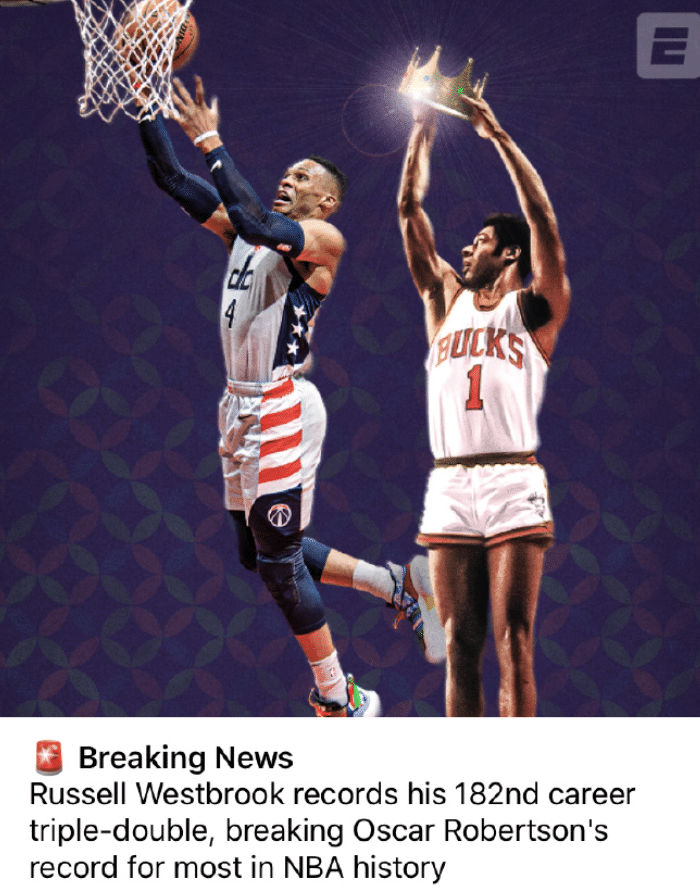 三双王！NBA官推+东契奇等人祝贺，威少冲新纪录：对30队至少轰5次三双！