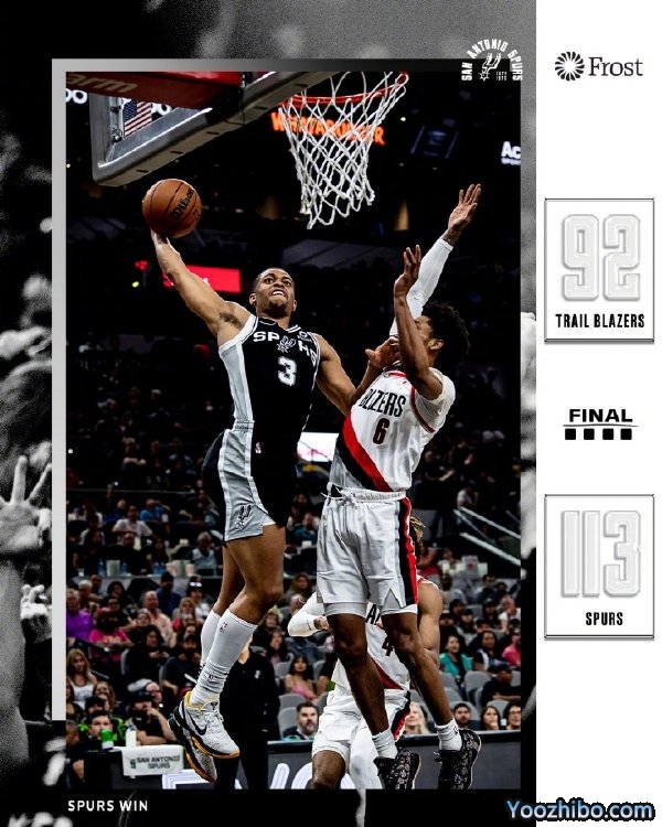 马刺113-92战胜开拓者 凯尔登28分 科林斯18+13 麦克勒莫19分